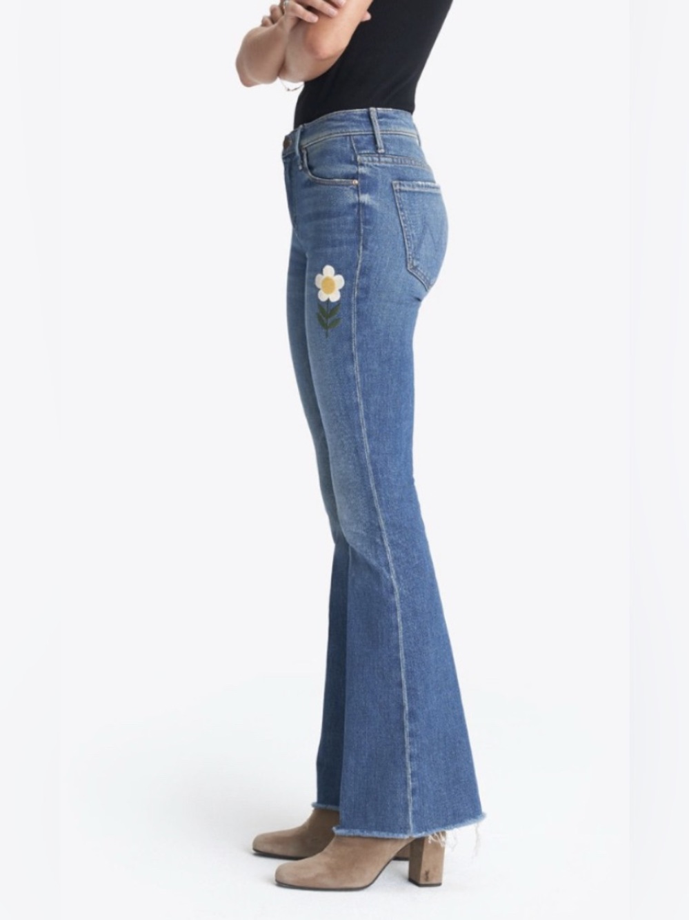 MOTHER Medium Blue Flare Jeans with White & Yellow Daisy Patch
